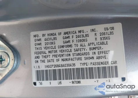 2009 Honda Accord 2.4 Ex-L z USA, uszkodzony, nr VIN 1HGCP26849A030435